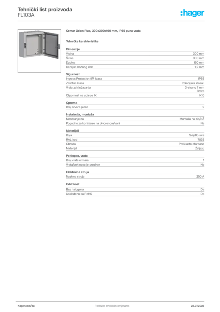 Slika Hager Product data sheet FL103A  | Hager