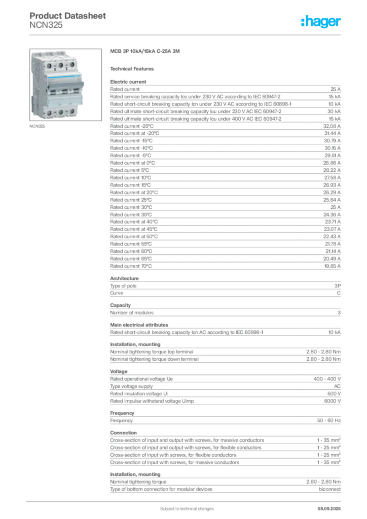 Image Hager Product data sheet NCN325  | Hager