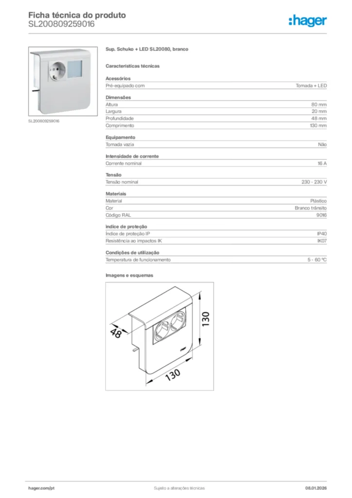 Imagem Hager Ficha técnica do produto SL200809259016 | Hager Portugal