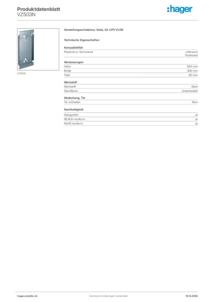 Bild Hager Produktdatenblatt VZ503N | Hager Schweiz
