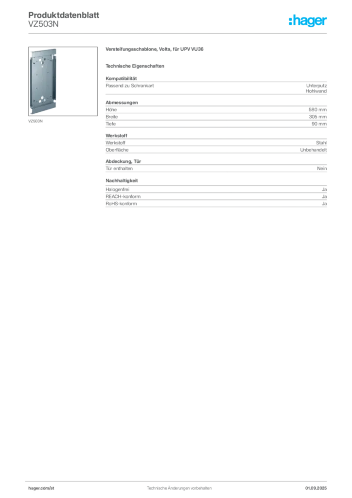 Bild Hager Produktdatenblatt VZ503N | Hager Deutschland