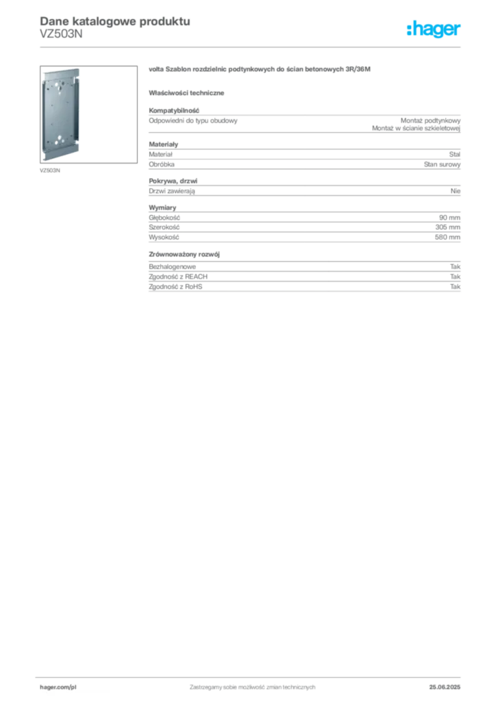 Zdjęcie Hager Karta katalogowa VZ503N | Hager Polska
