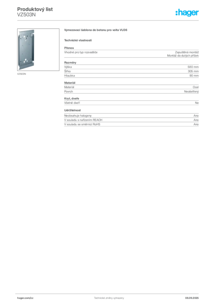Obrázek Hager Produktový list VZ503N | Hager