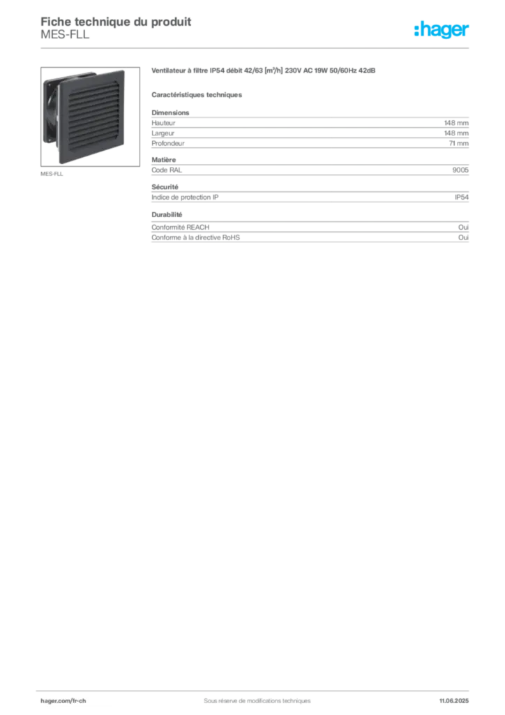 Image Hager Fiche technique du produit MES-FLL | Hager Suisse