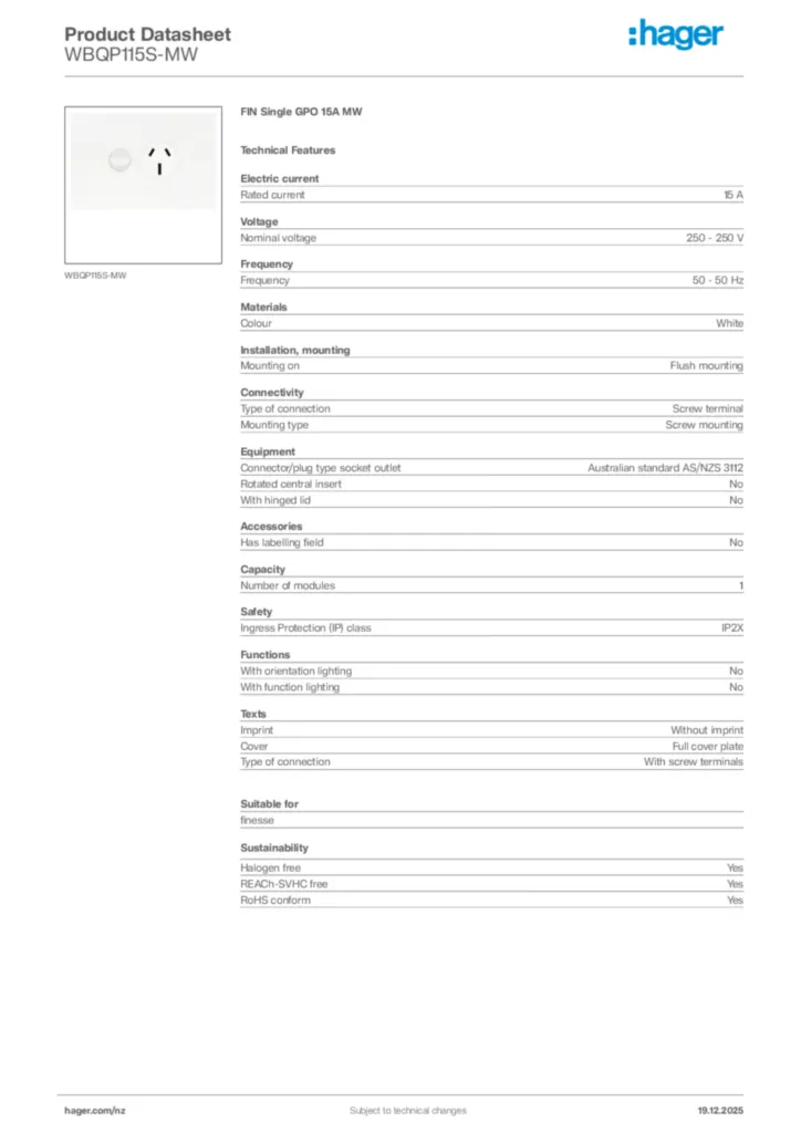 Image Hager Product data sheet WBQP115S-MW  | Hager New Zealand