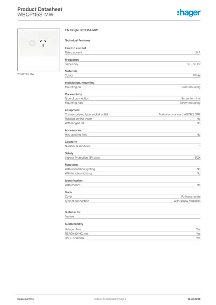 Image Hager Product data sheet WBQP115S-MW  | Hager New Zealand