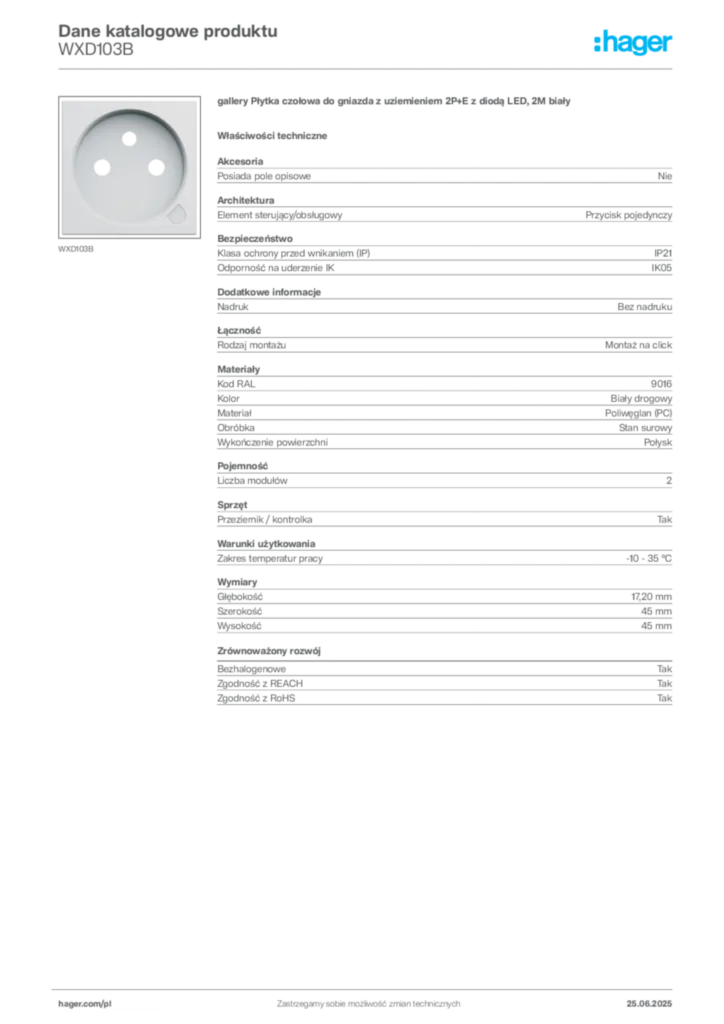 Zdjęcie Hager Karta katalogowa WXD103B | Hager Polska