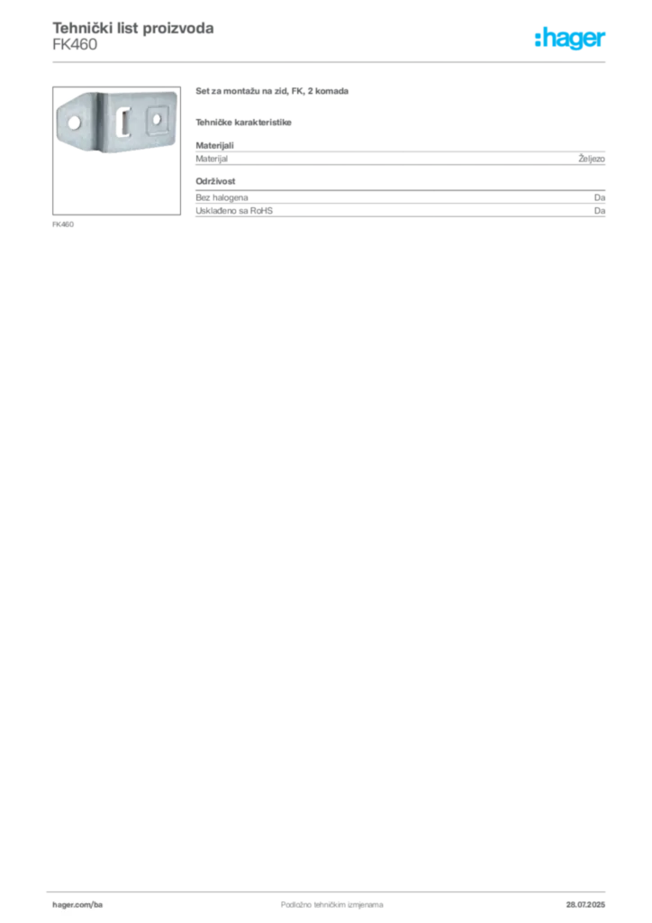Slika Hager Product data sheet FK460  | Hager