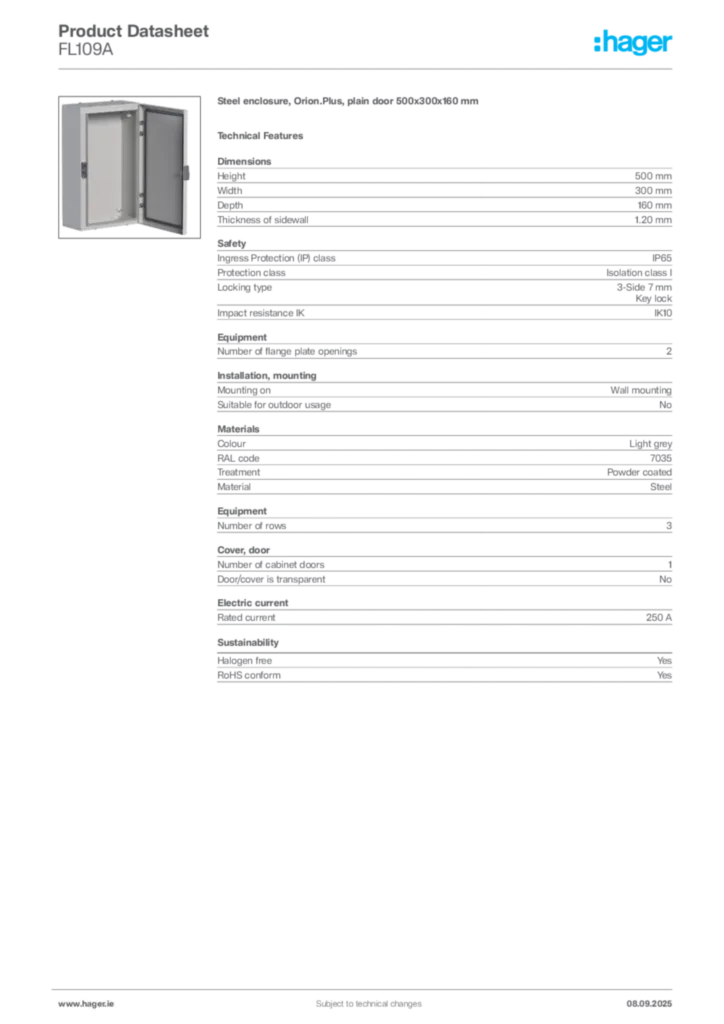 Image Hager Product data sheet FL109A  | Hager
