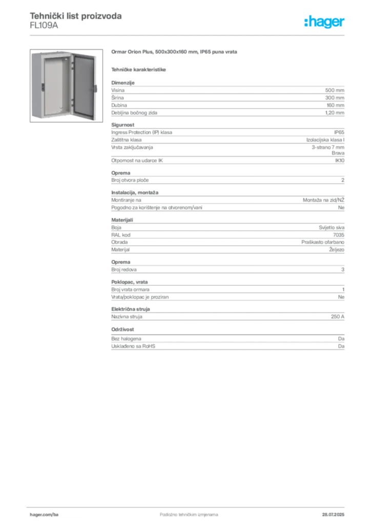 Slika Hager Product data sheet FL109A  | Hager