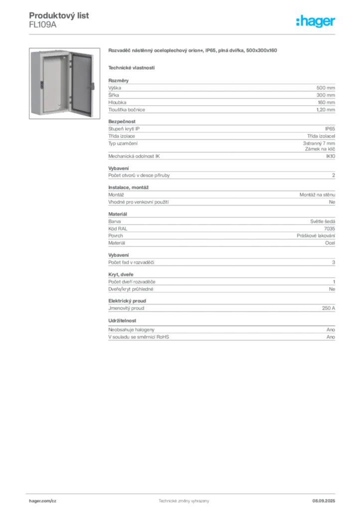 Obrázek Hager Produktový list FL109A | Hager