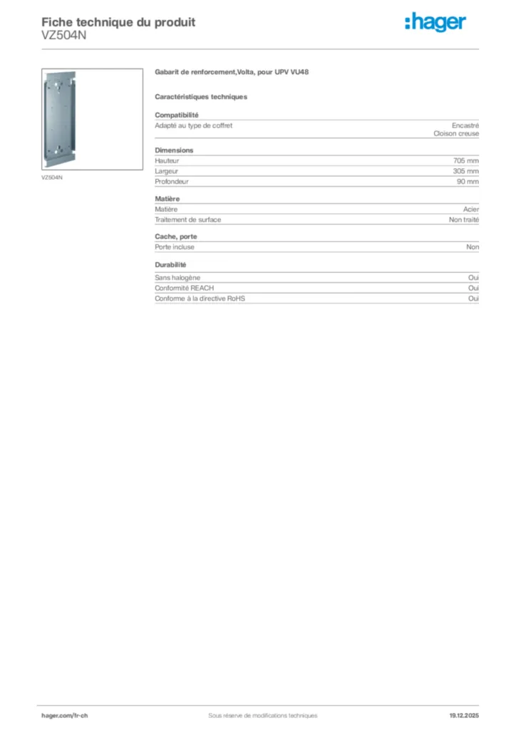 Image Hager Fiche technique du produit VZ504N | Hager Suisse
