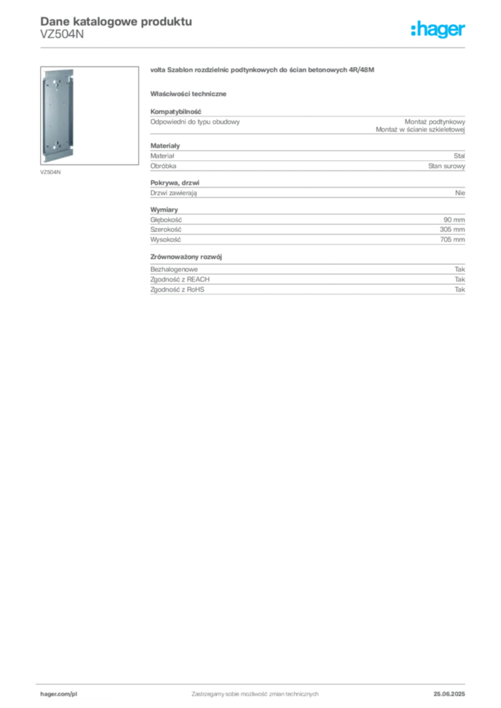 Zdjęcie Hager Karta katalogowa VZ504N | Hager Polska