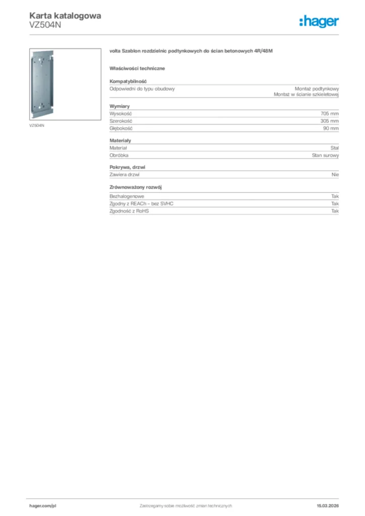 Zdjęcie Hager Karta katalogowa VZ504N | Hager Polska