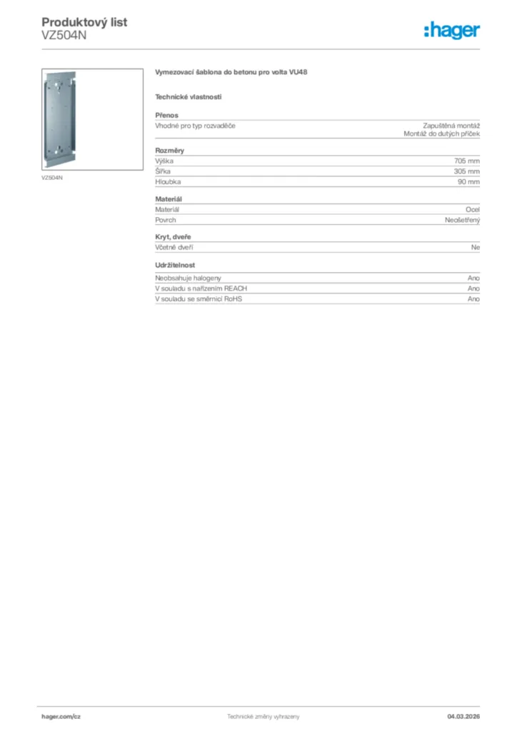 Obrázek Hager Product data sheet VZ504N | Hager