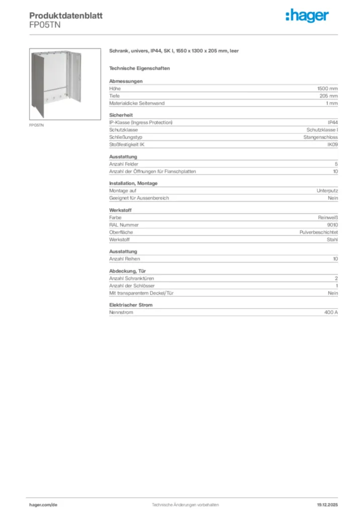 Bild Hager Produktdatenblatt FP05TN | Hager Deutschland