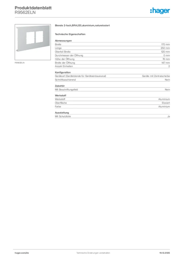 Bild Hager Produktdatenblatt R9562ELN | Hager Deutschland