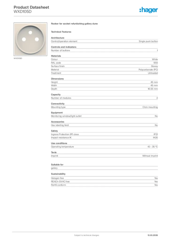Image Hager Product data sheet WXD105D  | Hager Africa