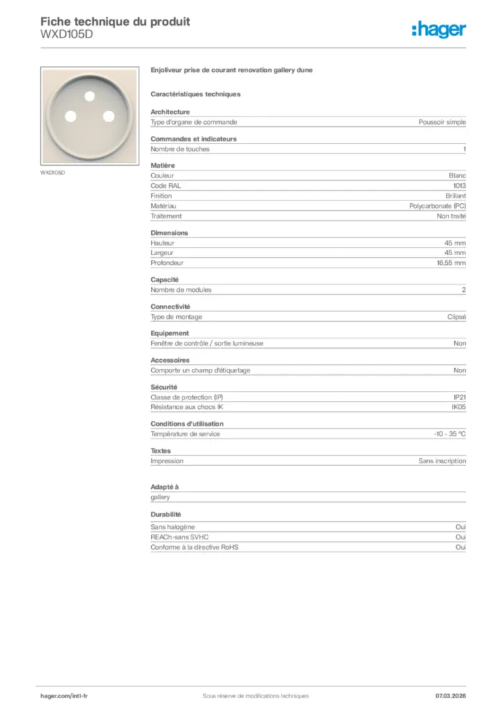 Image Hager Fiche technique du produit WXD105D | Hager Afrique