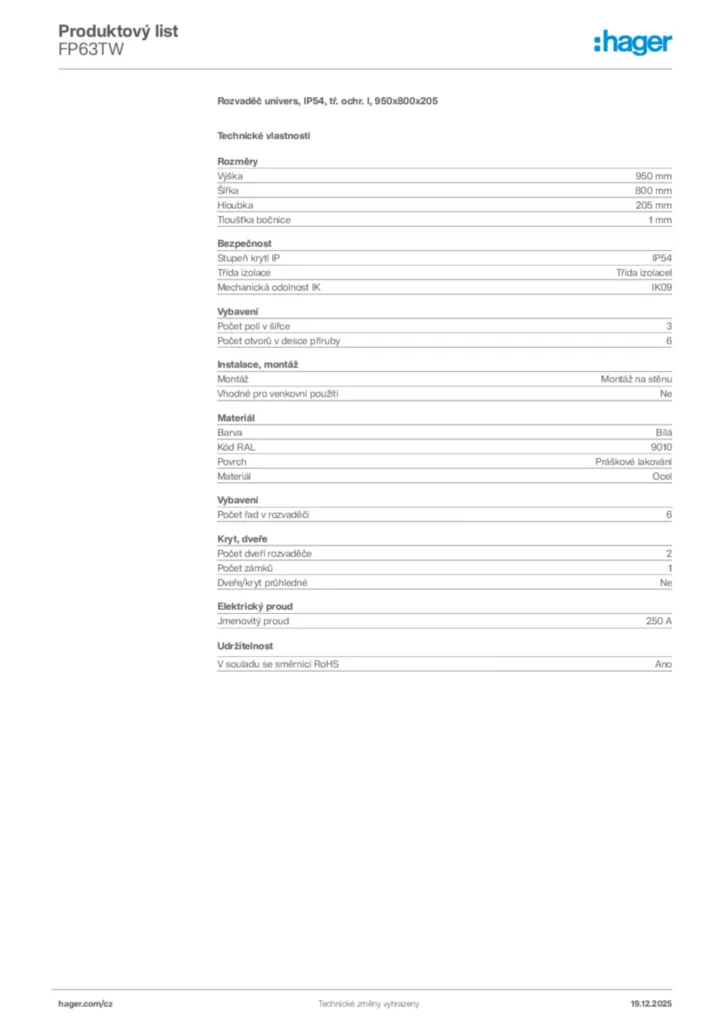 Obrázek Hager Produktový list FP63TW | Hager