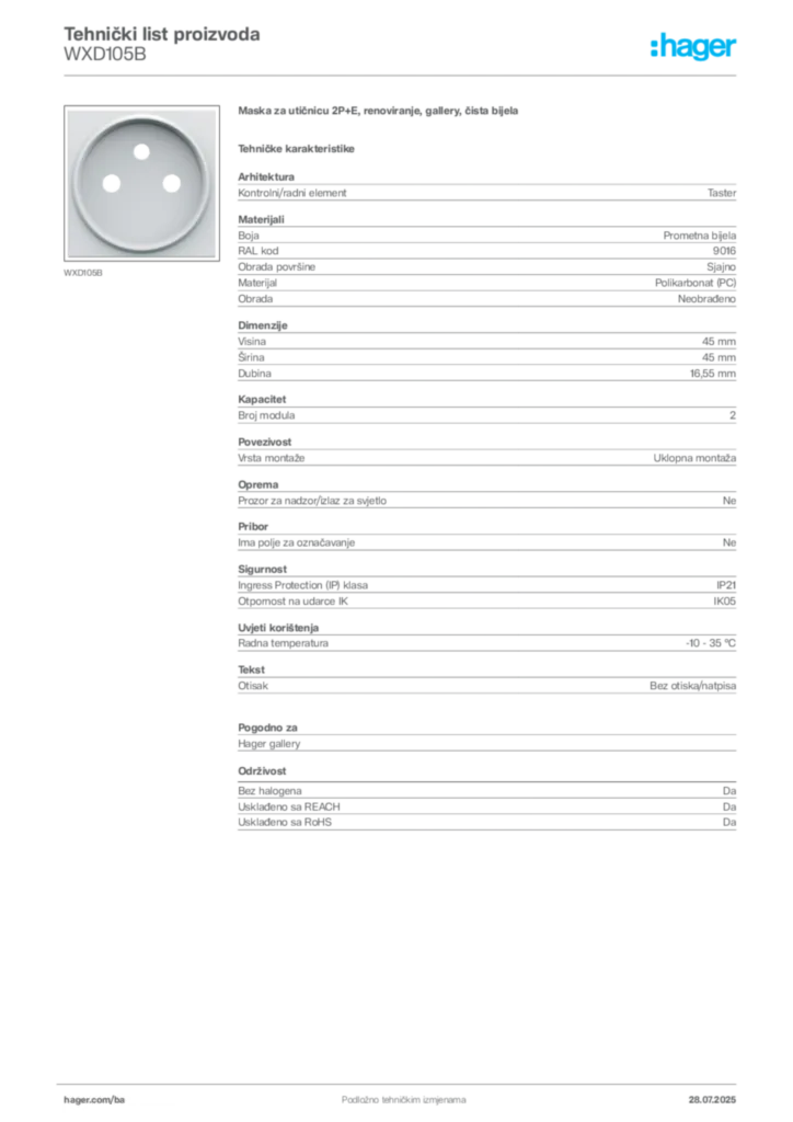 Slika Hager Product data sheet WXD105B  | Hager