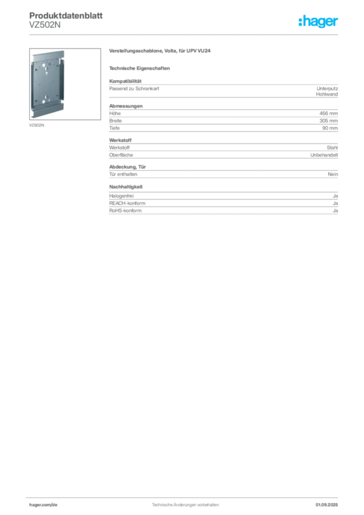 Bild Hager Produktdatenblatt VZ502N | Hager Deutschland