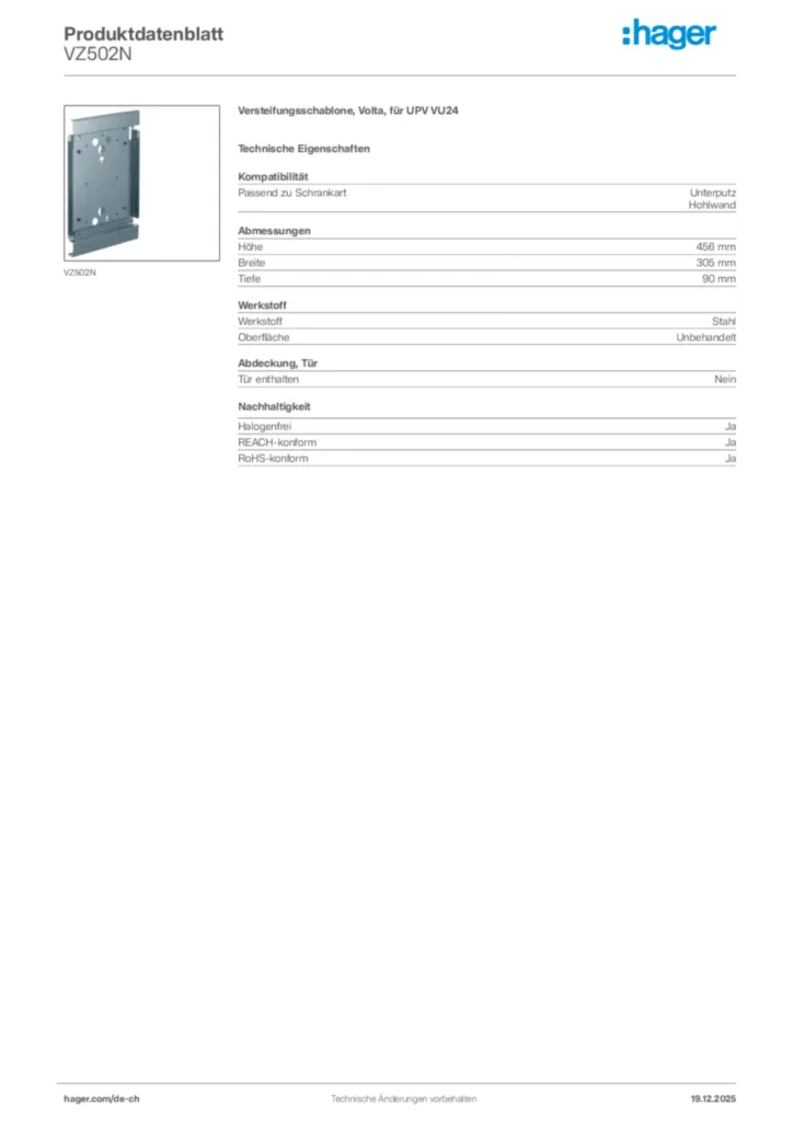 Bild Hager Produktdatenblatt VZ502N | Hager Schweiz