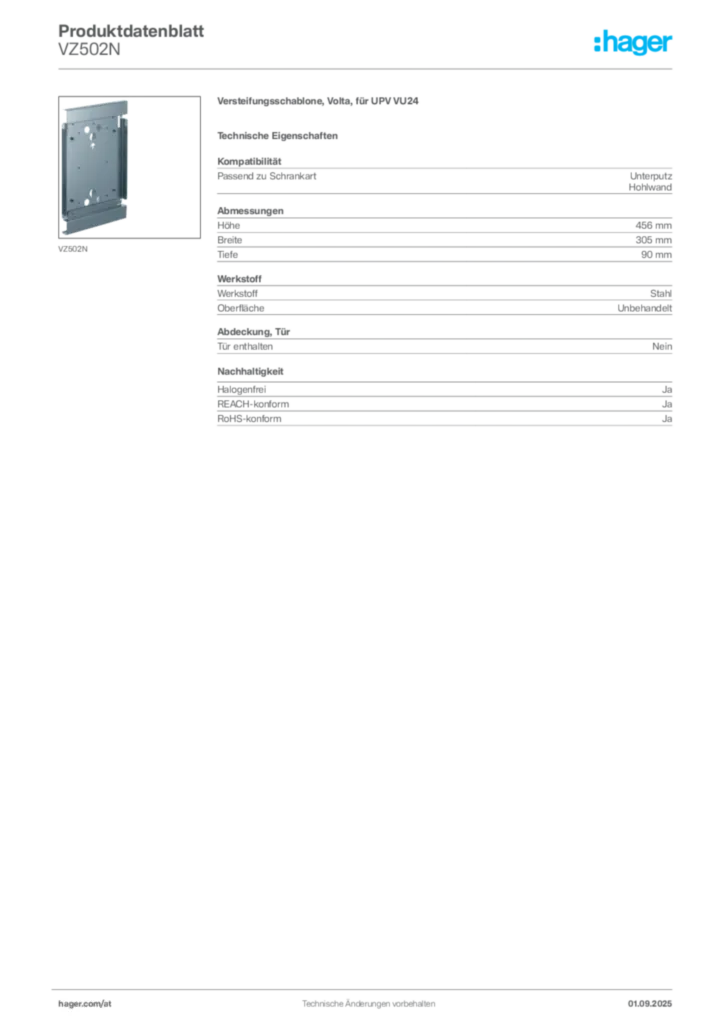 Bild Hager Produktdatenblatt VZ502N | Hager Deutschland