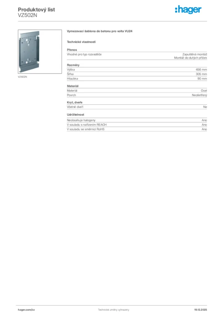Obrázek Hager Produktový list VZ502N | Hager