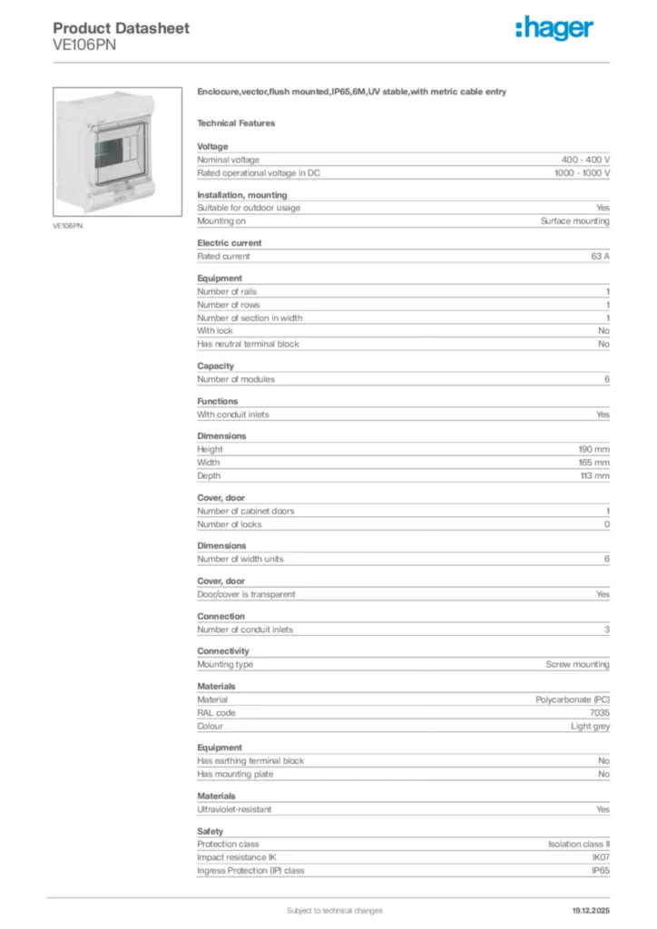 Image Hager Product data sheet VE106PN  | Hager Africa