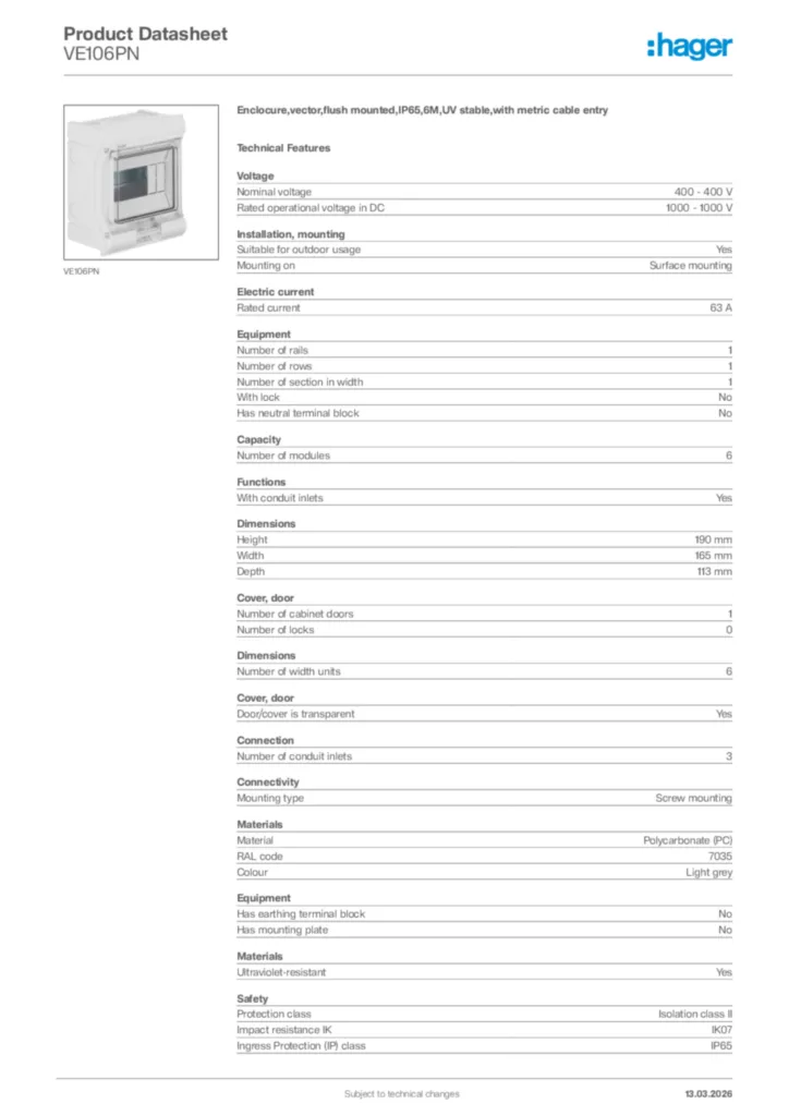 Image Hager Product data sheet VE106PN  | Hager Africa