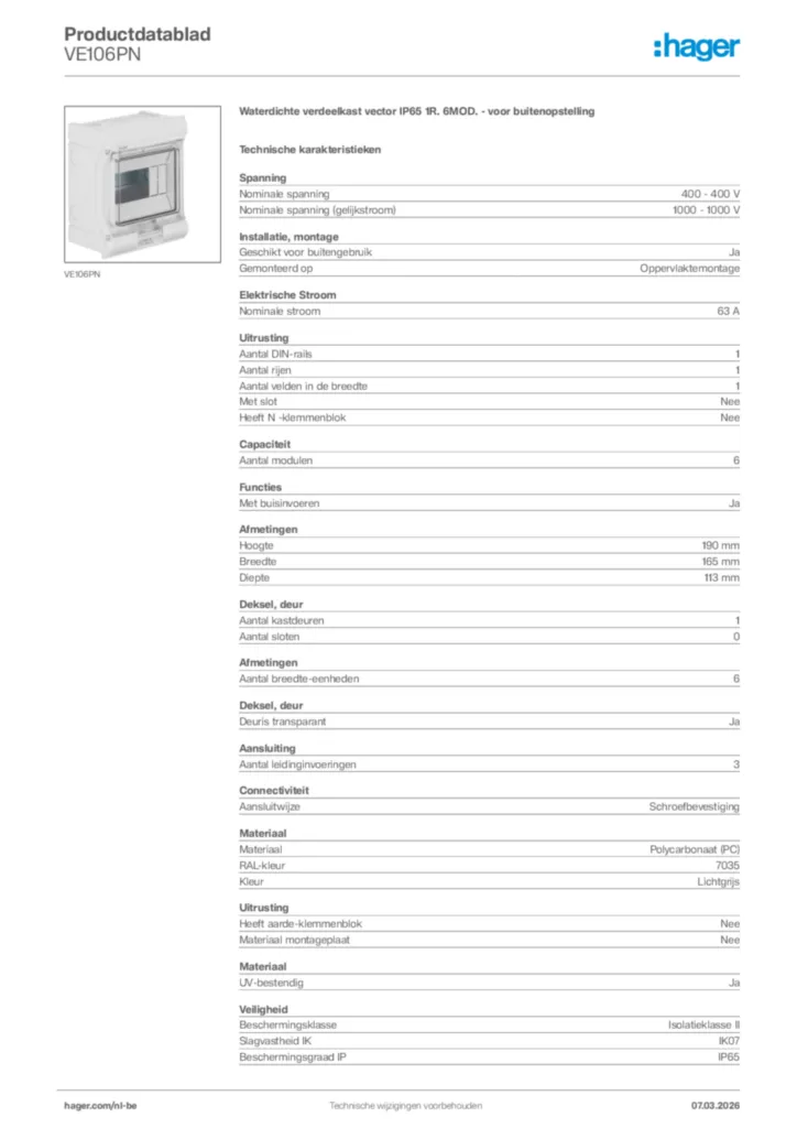 Afbeelding Hager Productdatablad VE106PN | Hager Belgium