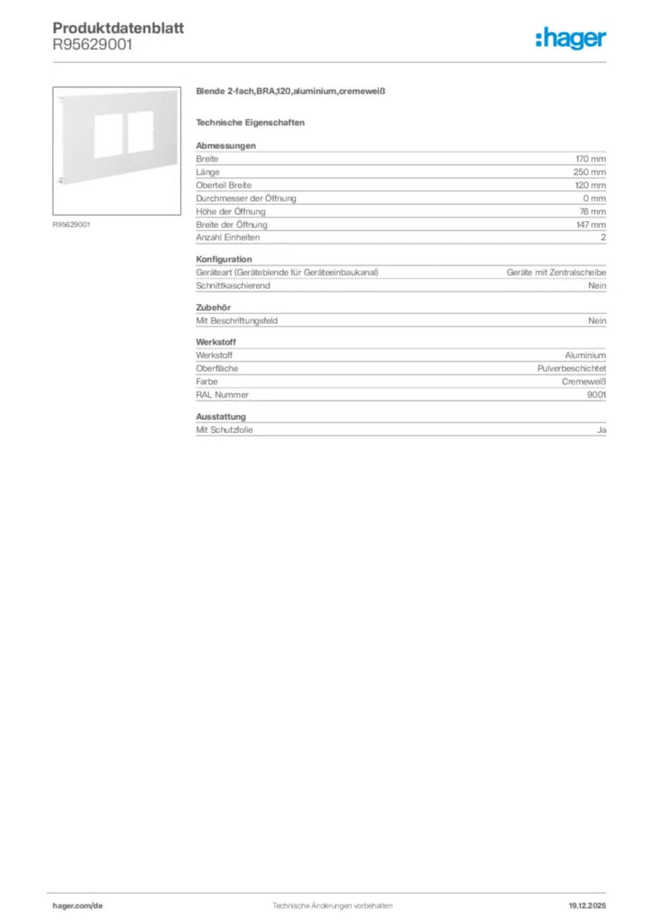 Bild Hager Produktdatenblatt R95629001 | Hager Deutschland