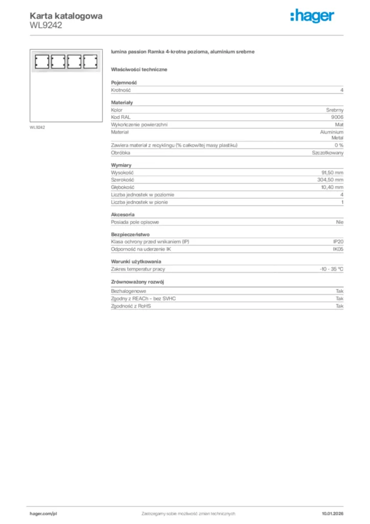 Zdjęcie Hager Karta katalogowa WL9242 | Hager Polska