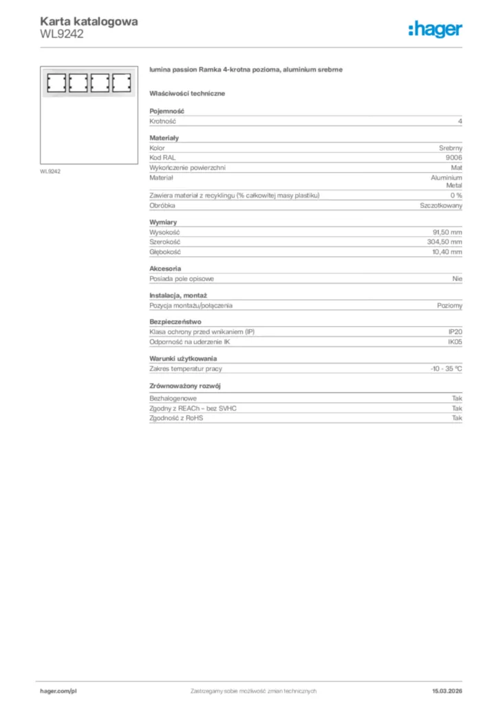 Zdjęcie Hager Karta katalogowa WL9242 | Hager Polska