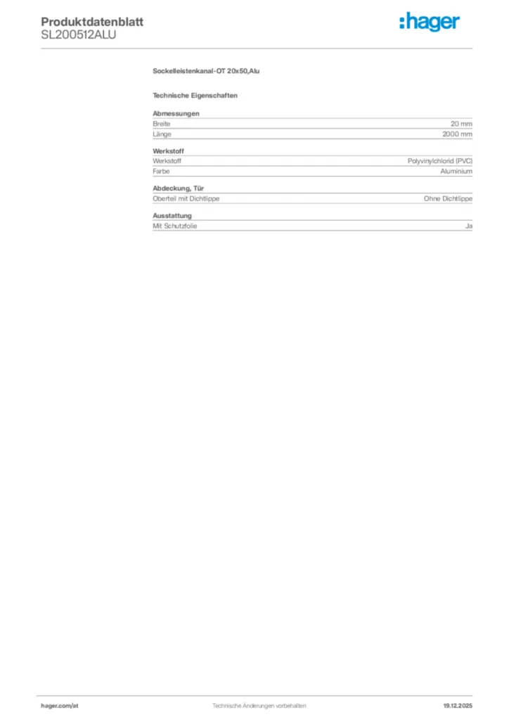 Bild Hager Produktdatenblatt SL200512ALU | Hager Deutschland