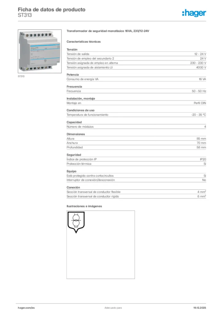 Imagen Hager Ficha de datos de producto ST313 | Hager España
