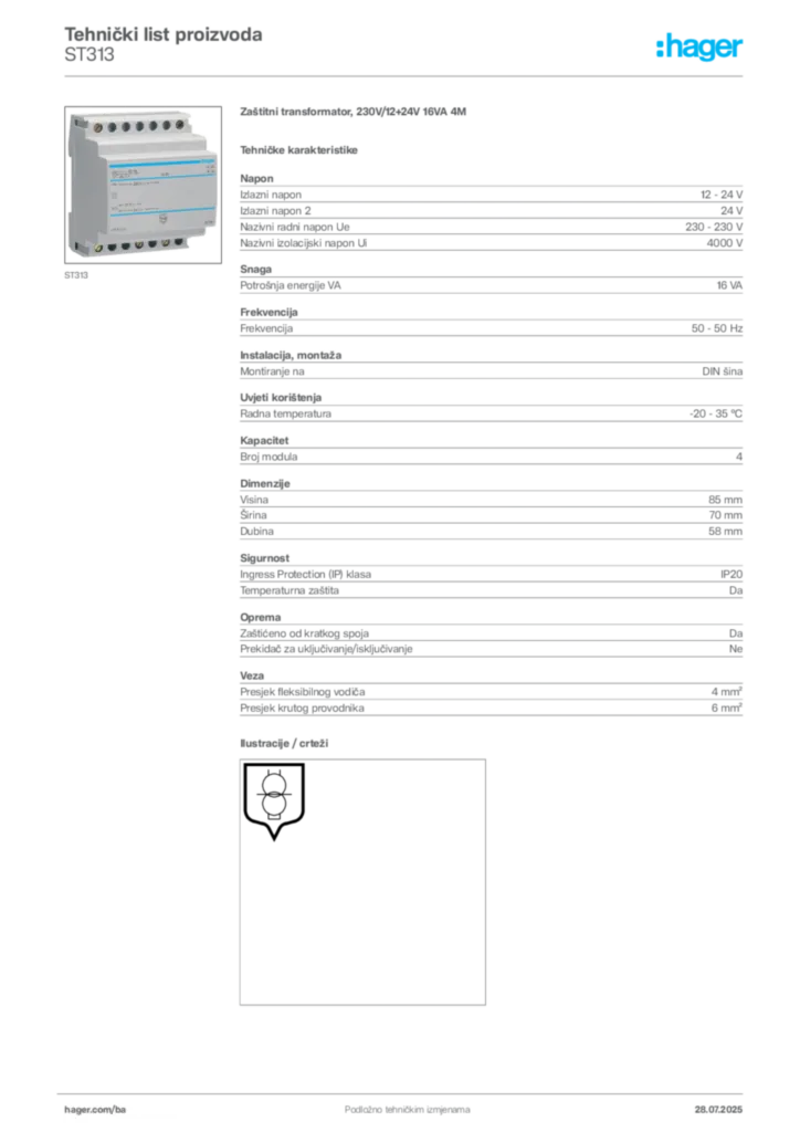 Slika Hager Product data sheet ST313  | Hager