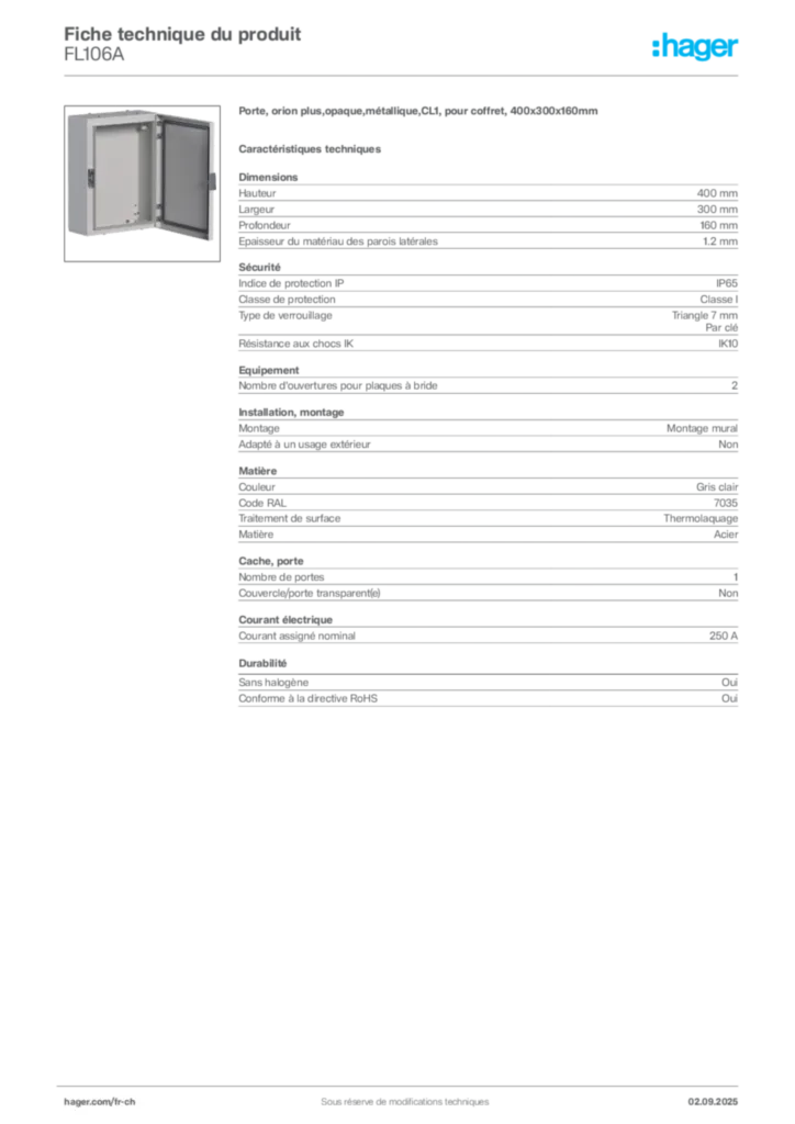 Image Hager Fiche technique du produit FL106A | Hager Suisse