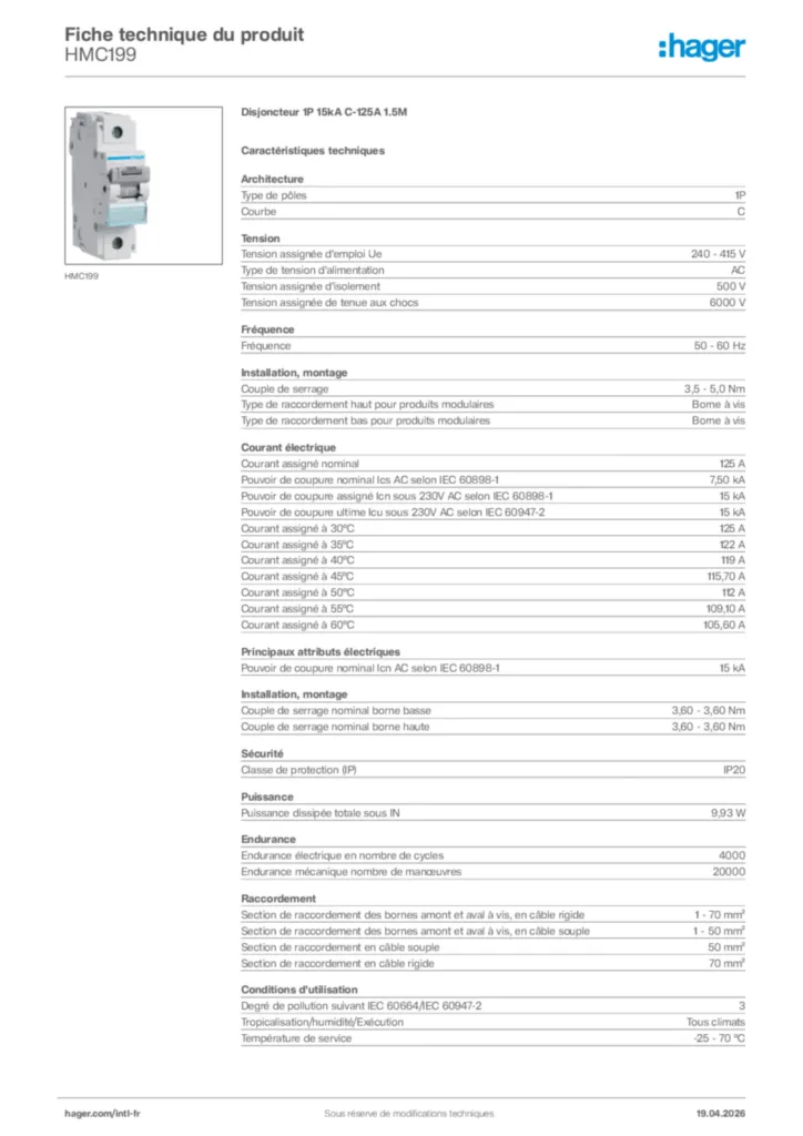 Image Hager Fiche technique du produit HMC199 | Hager Afrique