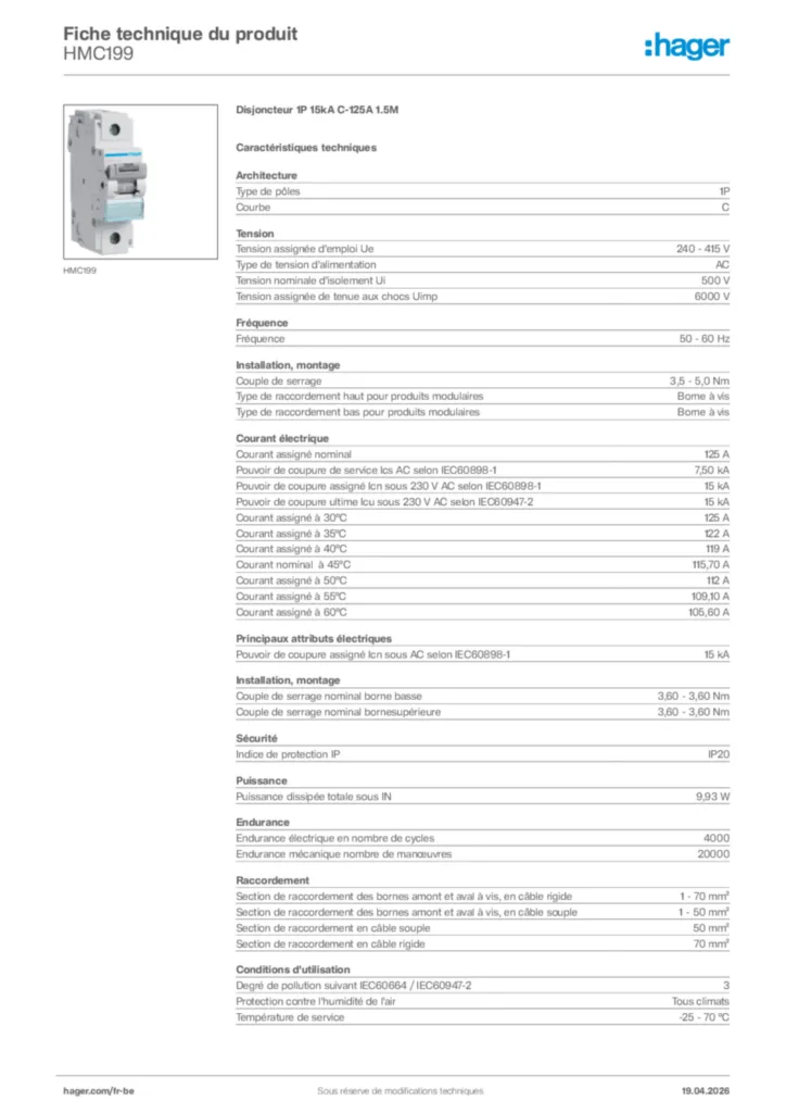 Image Hager Fiche technique du produit HMC199 | Hager Belgique