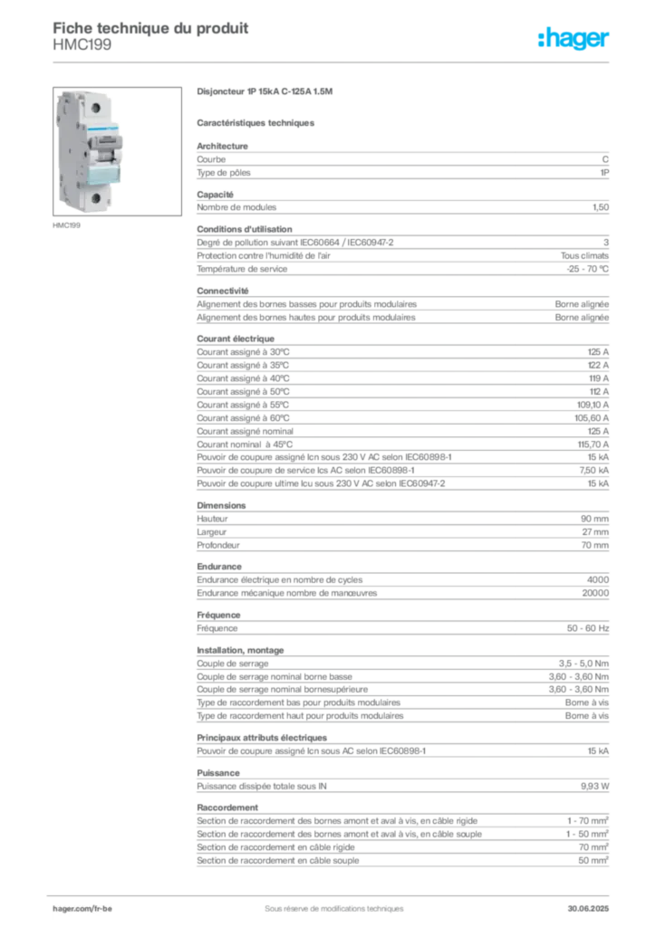 Image Hager Fiche technique du produit HMC199 | Hager Belgique