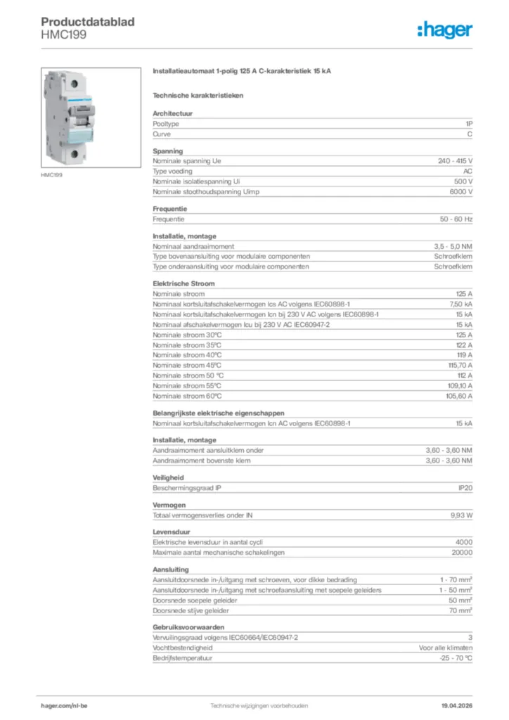 Afbeelding Hager Productdatablad HMC199 | Hager Belgium