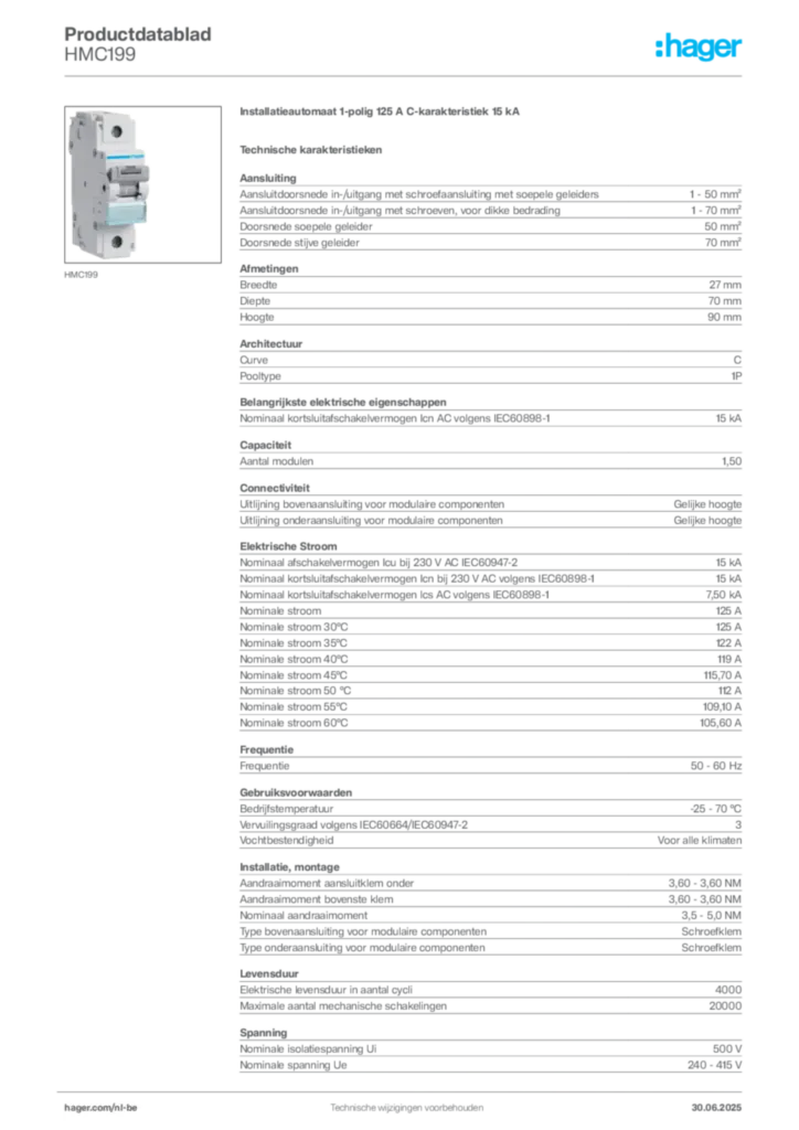 Afbeelding Hager Productdatablad HMC199 | Hager Belgium