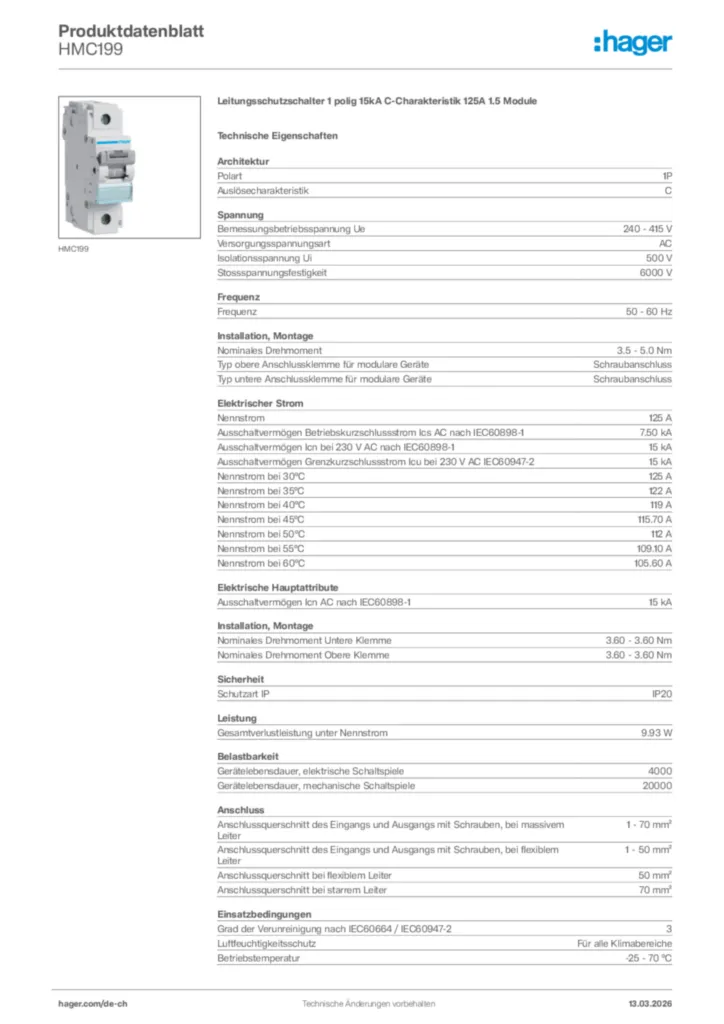 Bild Hager Produktdatenblatt HMC199 | Hager Schweiz