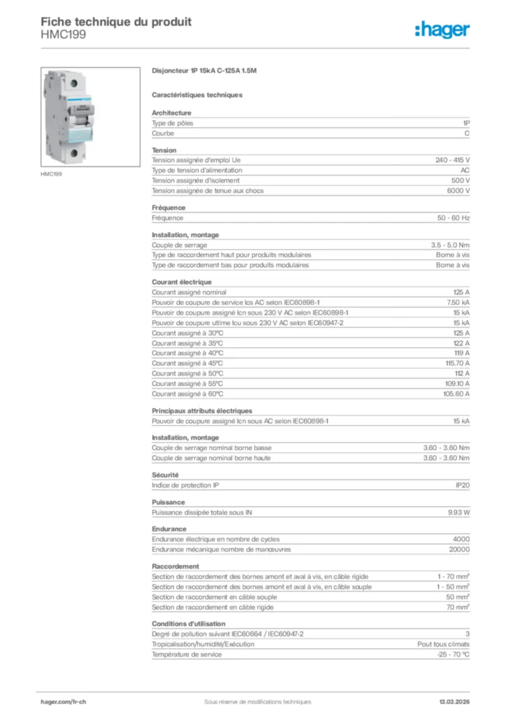 Image Hager Fiche technique du produit HMC199 | Hager Suisse