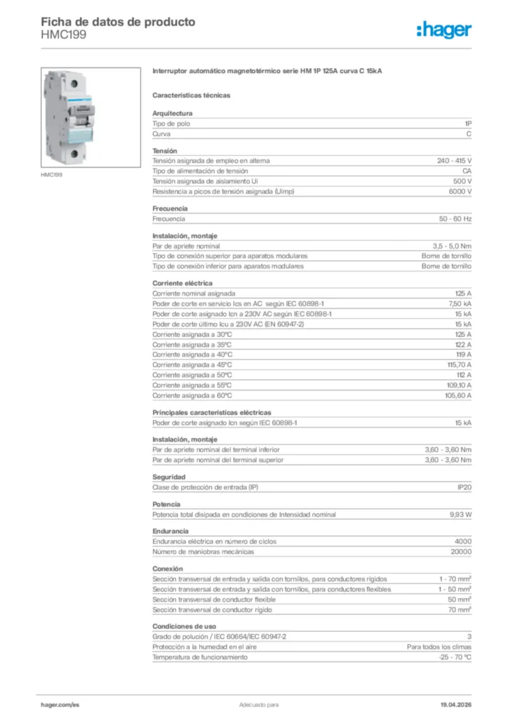 Imagen Hager Ficha de datos de producto HMC199 | Hager España