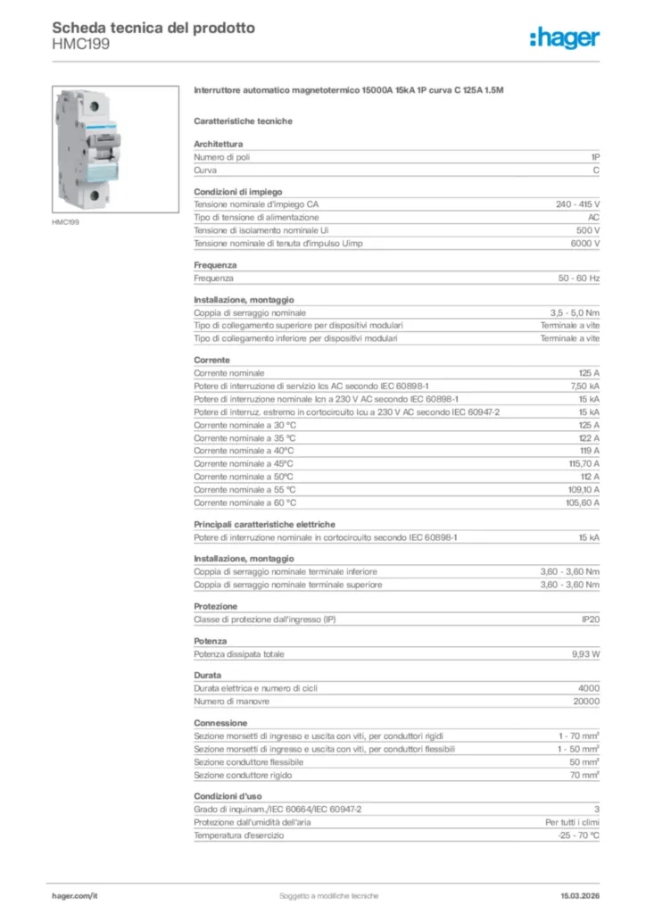 Immagine Hager Scheda tecnica del prodotto HMC199 | Hager Italia