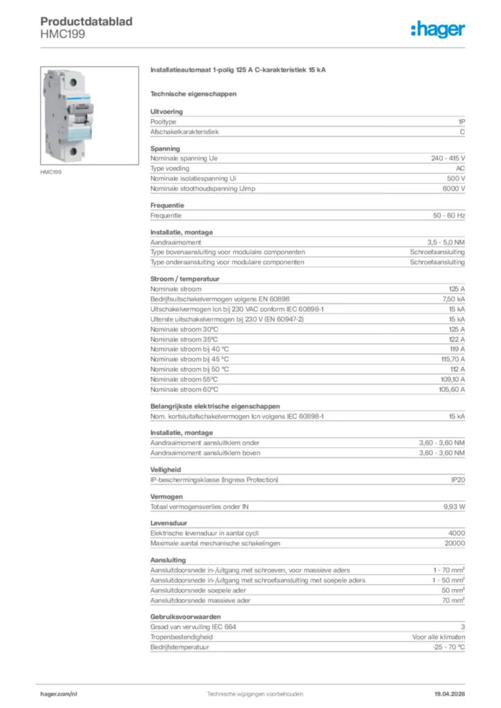 Afbeelding Hager Productdatablad HMC199 | Hager Nederland