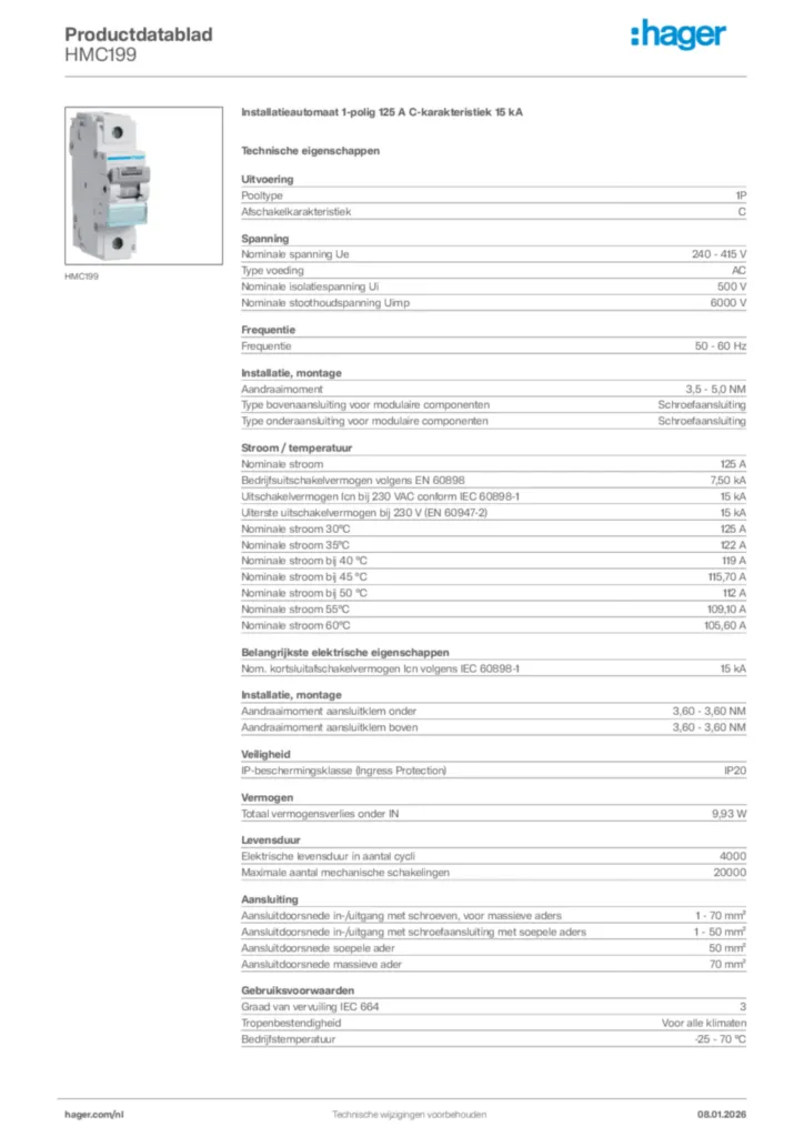 Afbeelding Hager Productdatablad HMC199 | Hager Nederland
